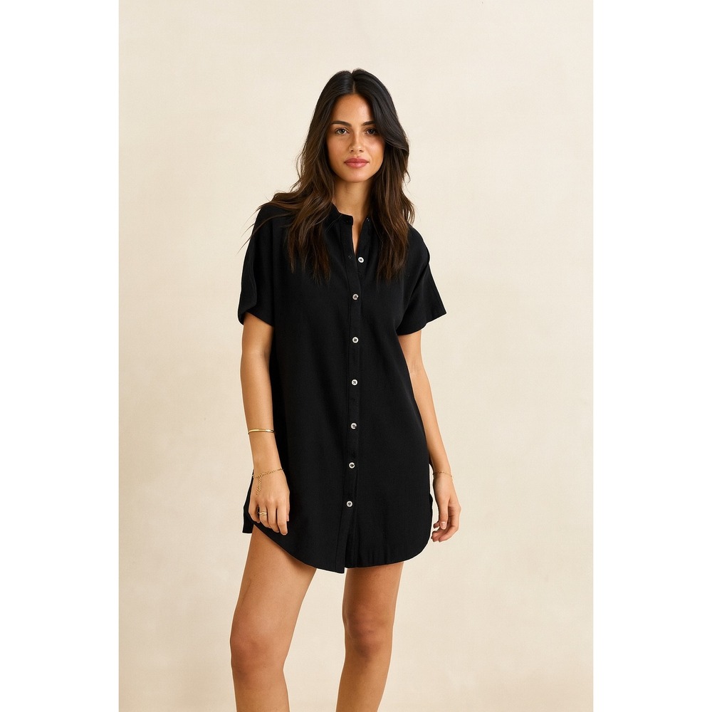 Rhythm Classics Black Linen Blend Short Sleeve Button Up Shirt Dress XS